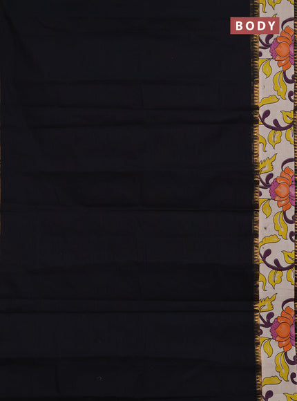 Semi mangalagiri cotton saree black and beige with plain body and long zari woven kalamkari printed border & blouse