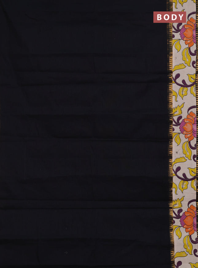 Mangalagiri cotton saree black and beige with plain body and long zari woven kalamkari printed border & blouse