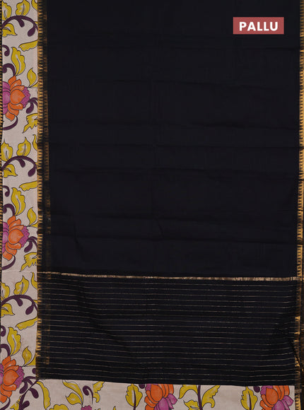 Semi mangalagiri cotton saree black and beige with plain body and long zari woven kalamkari printed border & blouse