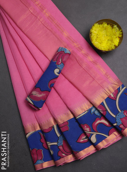 Semi mangalagiri cotton saree light pink and cs blue with plain body and long zari woven kalamkari printed border & blouse
