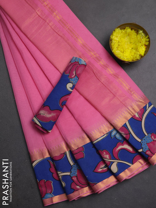 Mangalagiri cotton saree light pink and cs blue with plain body and long zari woven kalamkari printed border & blouse