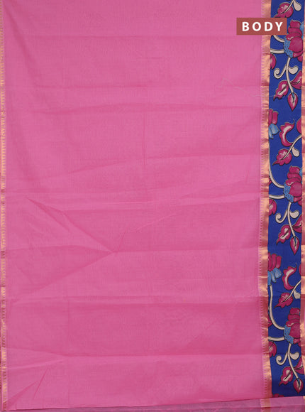 Semi mangalagiri cotton saree light pink and cs blue with plain body and long zari woven kalamkari printed border & blouse