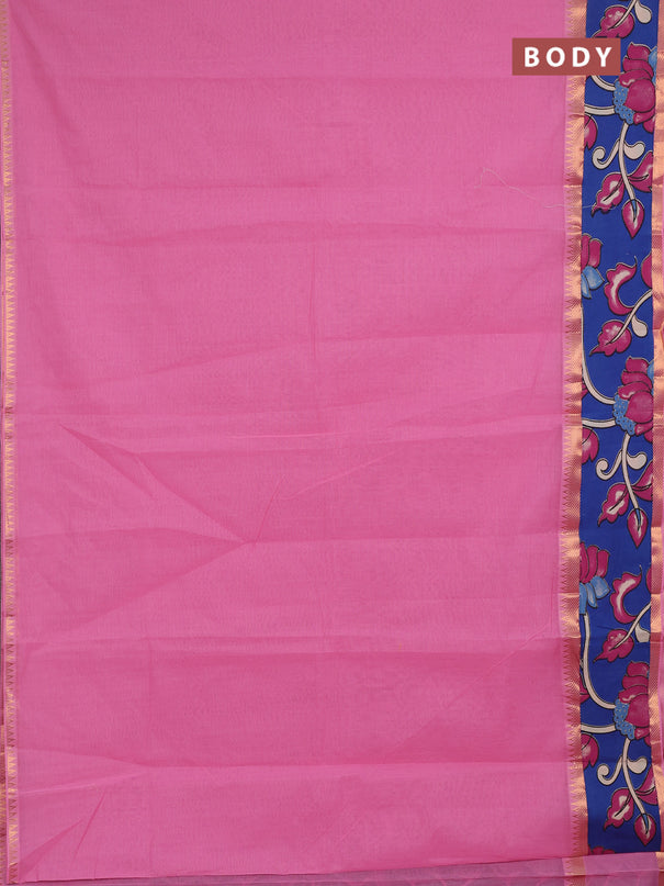 Mangalagiri cotton saree light pink and cs blue with plain body and long zari woven kalamkari printed border & blouse