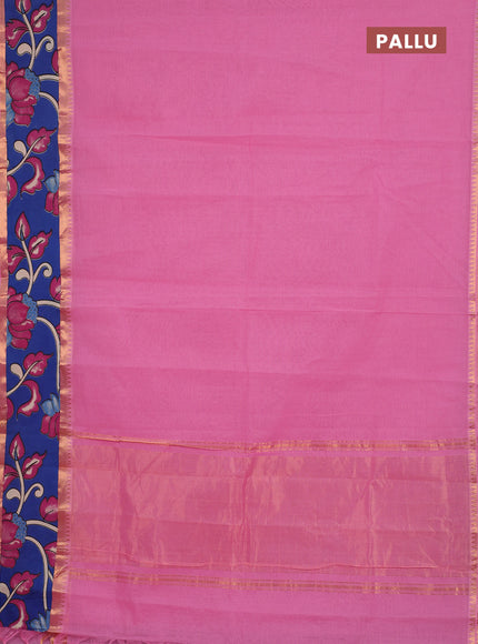 Semi mangalagiri cotton saree light pink and cs blue with plain body and long zari woven kalamkari printed border & blouse