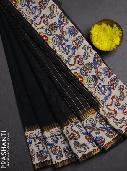 Semi mangalagiri cotton saree black and off white with plain body and long zari woven kalamkari printed border & blouse