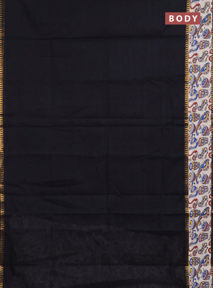 Semi mangalagiri cotton saree black and off white with plain body and long zari woven kalamkari printed border & blouse