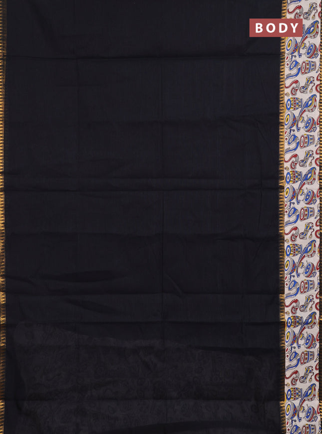 Mangalagiri cotton saree black and off white with plain body and long zari woven kalamkari printed border & blouse