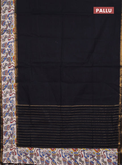 Semi mangalagiri cotton saree black and off white with plain body and long zari woven kalamkari printed border & blouse