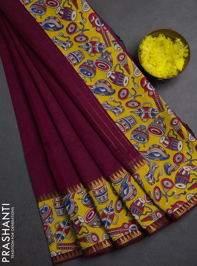 Mangalagiri cotton saree magenta pink and yellow with plain body and long zari woven kalamkari printed border & blouse