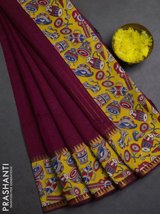 Mangalagiri cotton saree magenta pink and yellow with plain body and long zari woven kalamkari printed border & blouse