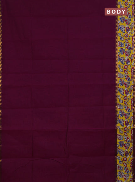 Semi mangalagiri cotton saree magenta pink and yellow with plain body and long zari woven kalamkari printed border & blouse