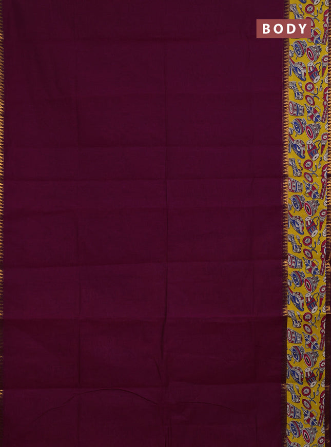 Mangalagiri cotton saree magenta pink and yellow with plain body and long zari woven kalamkari printed border & blouse