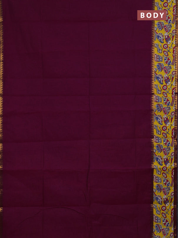 Mangalagiri cotton saree magenta pink and yellow with plain body and long zari woven kalamkari printed border & blouse