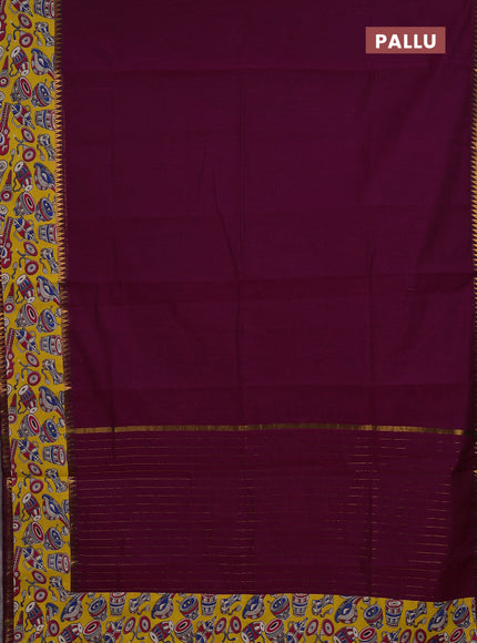 Semi mangalagiri cotton saree magenta pink and yellow with plain body and long zari woven kalamkari printed border & blouse