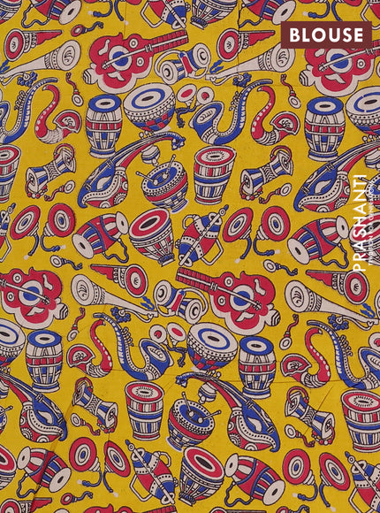 Semi mangalagiri cotton saree magenta pink and yellow with plain body and long zari woven kalamkari printed border & blouse