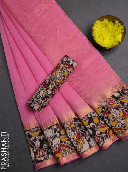 Semi mangalagiri cotton saree pink and black with plain body and long zari woven kalamkari printed border & blouse