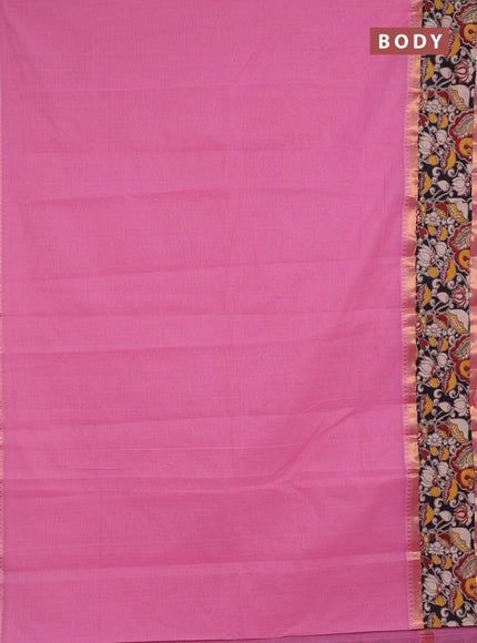 Semi mangalagiri cotton saree pink and black with plain body and long zari woven kalamkari printed border & blouse