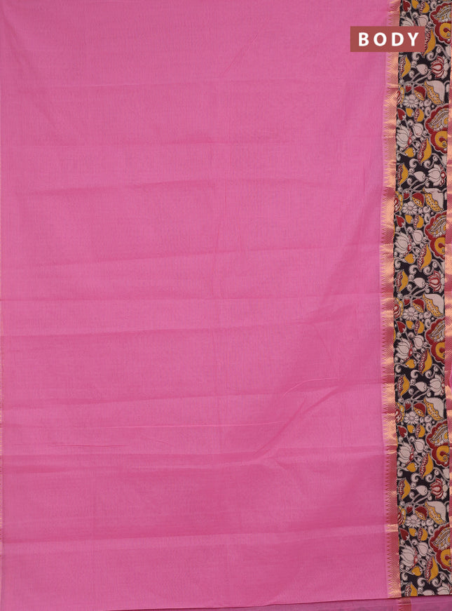 Mangalagiri cotton saree pink and black with plain body and long zari woven kalamkari printed border & blouse