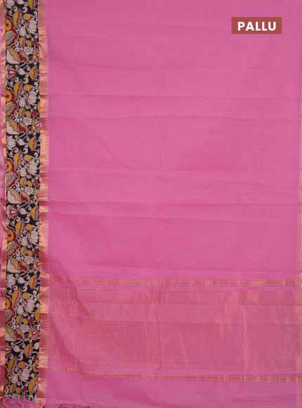 Semi mangalagiri cotton saree pink and black with plain body and long zari woven kalamkari printed border & blouse