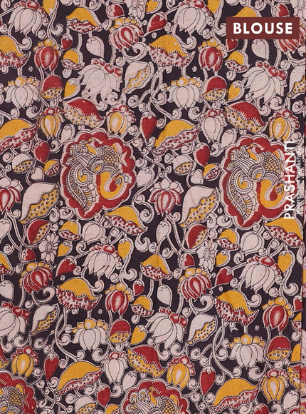 Semi mangalagiri cotton saree pink and black with plain body and long zari woven kalamkari printed border & blouse