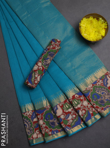 Semi mangalagiri cotton saree teal blue and maroon with plain body and long zari woven kalamkari printed border & blouse