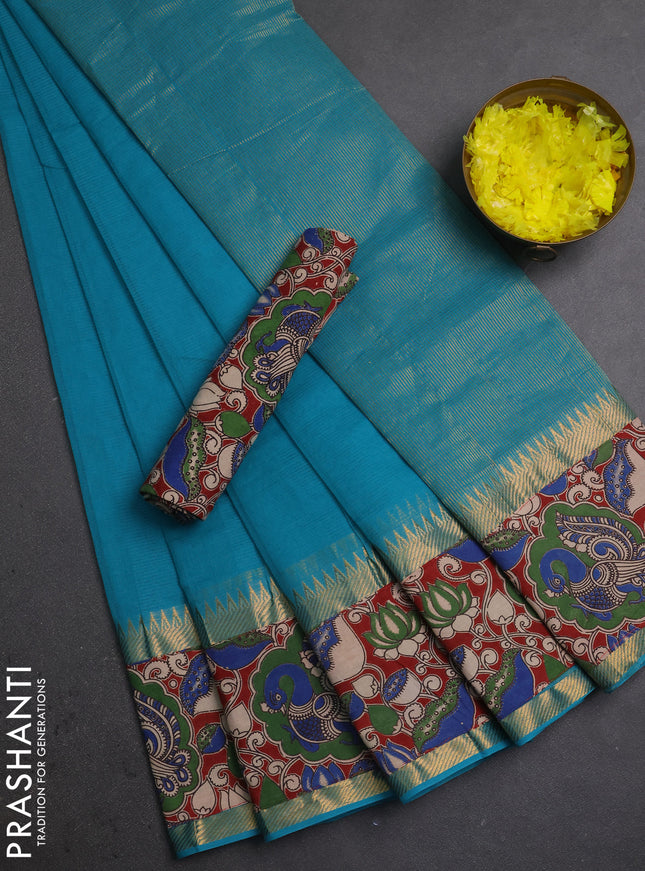 Mangalagiri cotton saree teal blue and maroon with plain body and long zari woven kalamkari printed border & blouse