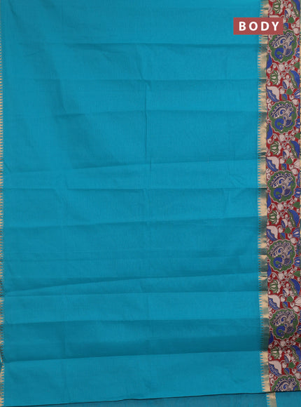 Semi mangalagiri cotton saree teal blue and maroon with plain body and long zari woven kalamkari printed border & blouse