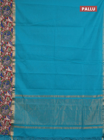 Semi mangalagiri cotton saree teal blue and maroon with plain body and long zari woven kalamkari printed border & blouse