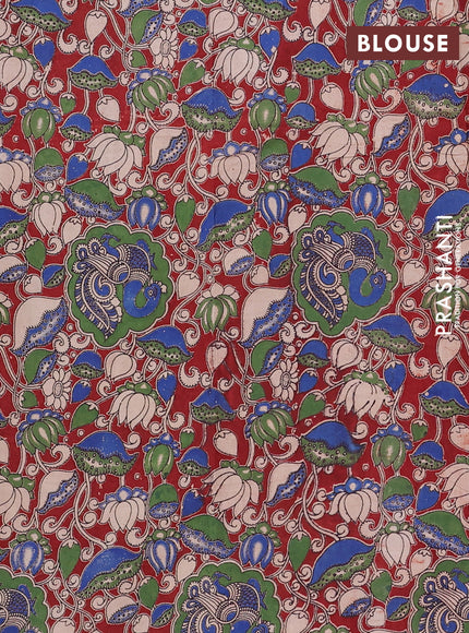 Semi mangalagiri cotton saree teal blue and maroon with plain body and long zari woven kalamkari printed border & blouse