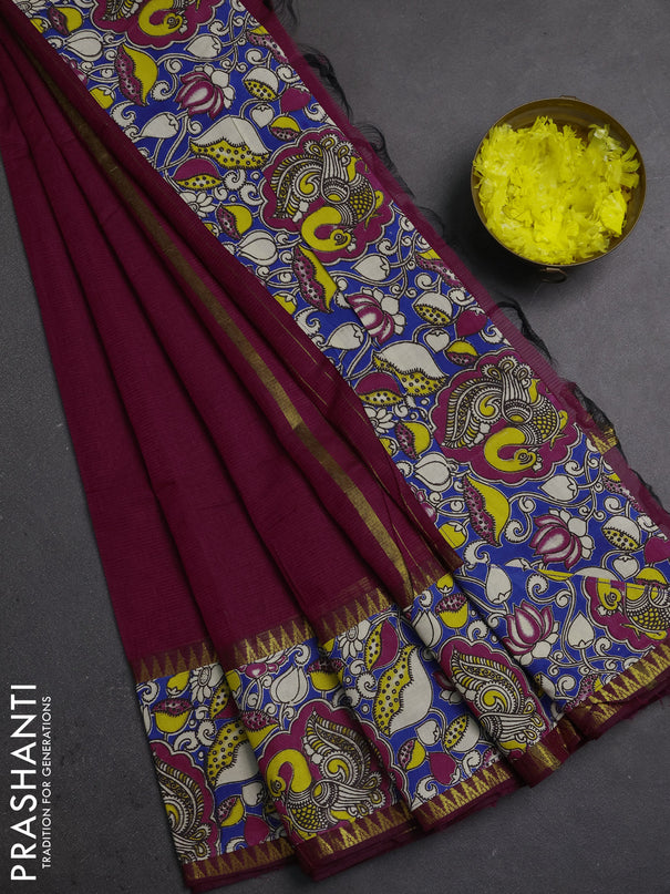 Mangalagiri cotton saree magenta pink and blue with plain body and long zari woven kalamkari printed border & blouse