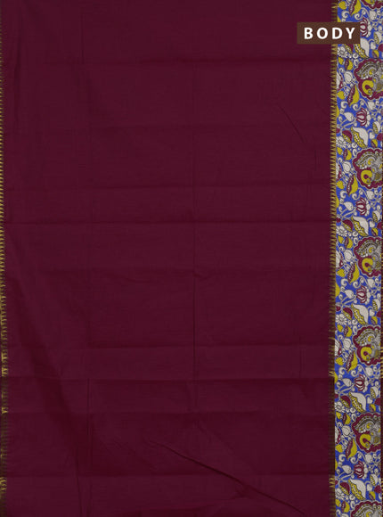 Semi mangalagiri cotton saree magenta pink and blue with plain body and long zari woven kalamkari printed border & blouse