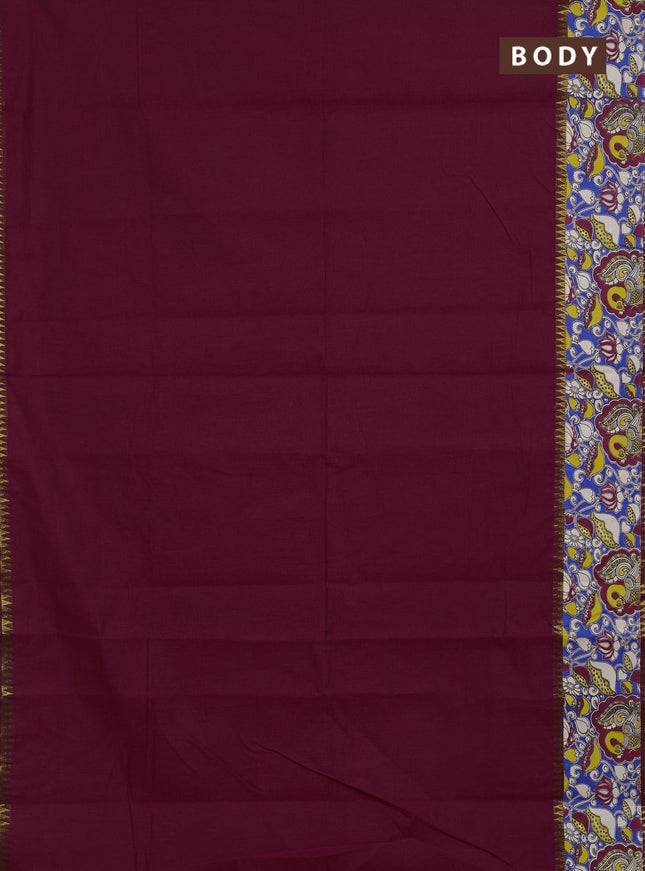 Mangalagiri cotton saree magenta pink and blue with plain body and long zari woven kalamkari printed border & blouse