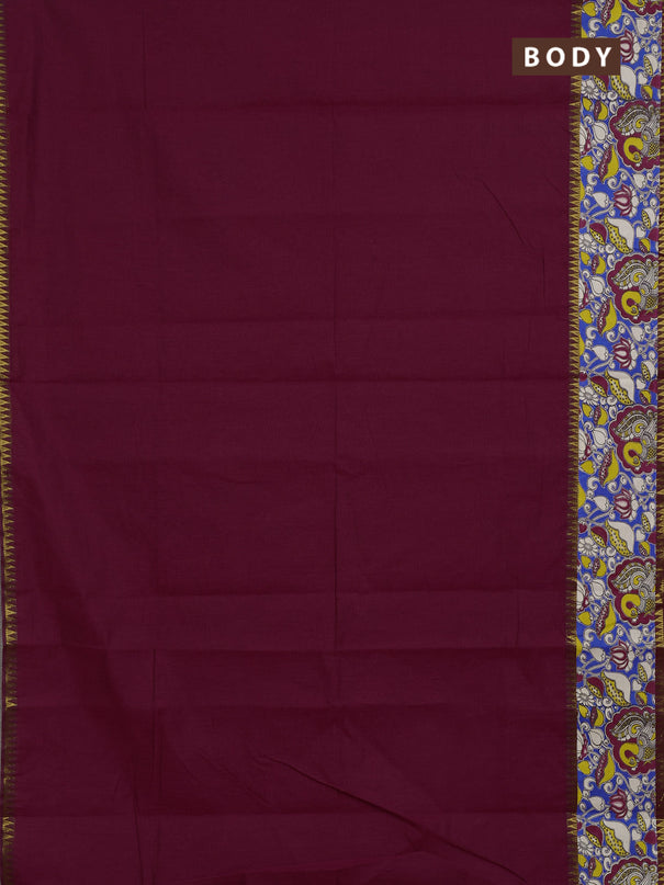 Mangalagiri cotton saree magenta pink and blue with plain body and long zari woven kalamkari printed border & blouse