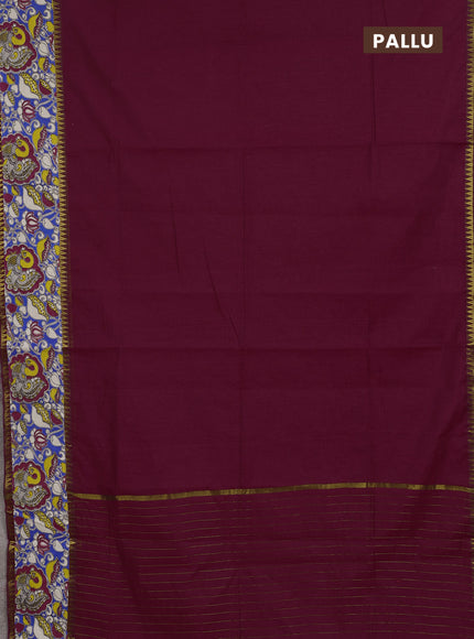 Semi mangalagiri cotton saree magenta pink and blue with plain body and long zari woven kalamkari printed border & blouse