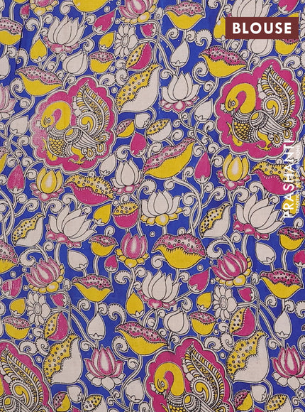 Semi mangalagiri cotton saree magenta pink and blue with plain body and long zari woven kalamkari printed border & blouse