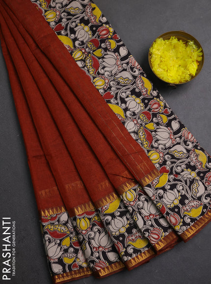 Semi mangalagiri cotton saree rust shade and black with plain body and long zari woven kalamkari printed border & blouse