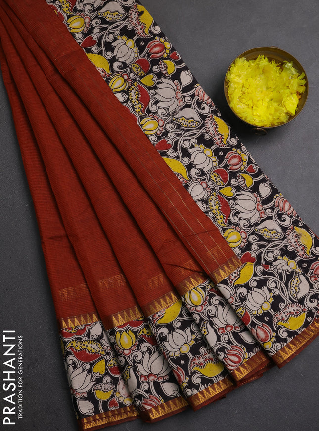 Mangalagiri cotton saree rust shade and black with plain body and long zari woven kalamkari printed border & blouse