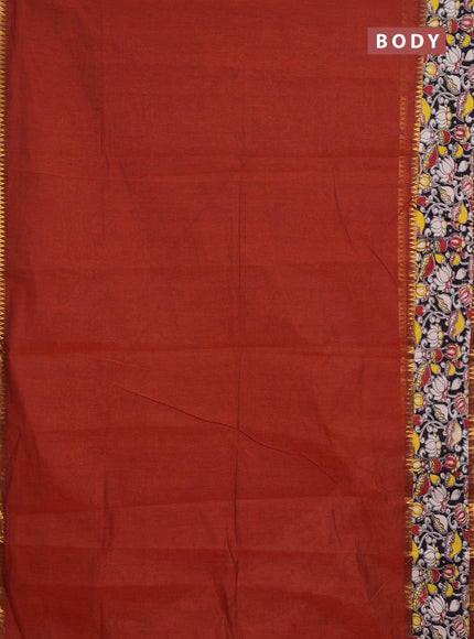 Semi mangalagiri cotton saree rust shade and black with plain body and long zari woven kalamkari printed border & blouse