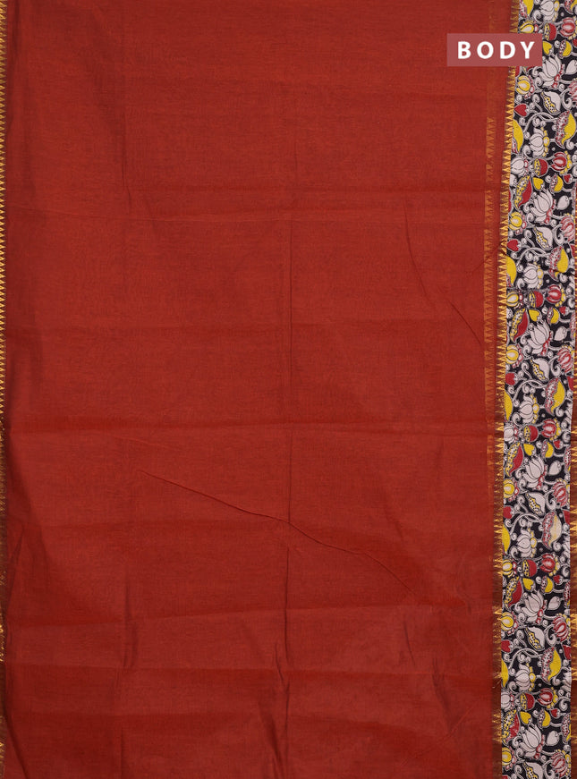 Mangalagiri cotton saree rust shade and black with plain body and long zari woven kalamkari printed border & blouse