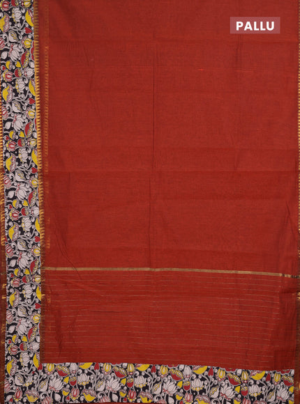 Semi mangalagiri cotton saree rust shade and black with plain body and long zari woven kalamkari printed border & blouse