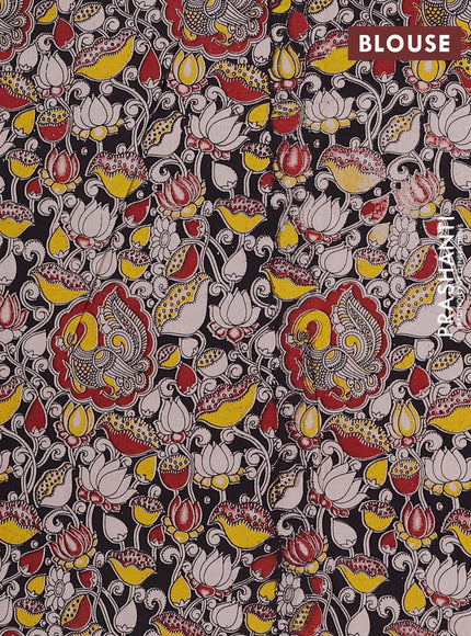 Semi mangalagiri cotton saree rust shade and black with plain body and long zari woven kalamkari printed border & blouse