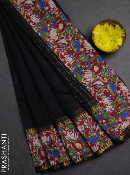 Semi mangalagiri cotton saree black and maroon with plain body and long zari woven kalamkari printed border & blouse
