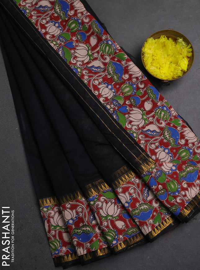 Mangalagiri cotton saree black and maroon with plain body and long zari woven kalamkari printed border & blouse