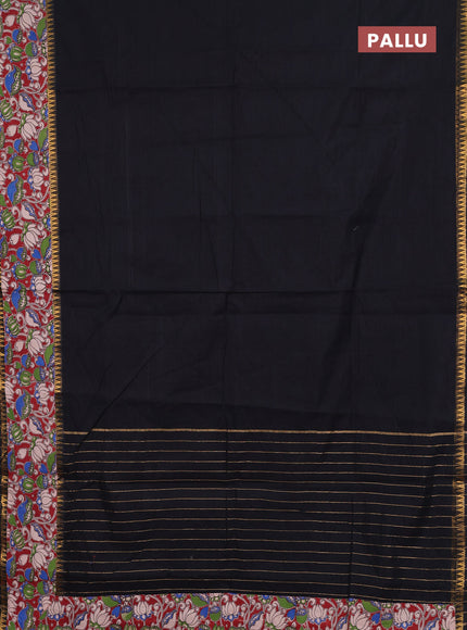 Semi mangalagiri cotton saree black and maroon with plain body and long zari woven kalamkari printed border & blouse