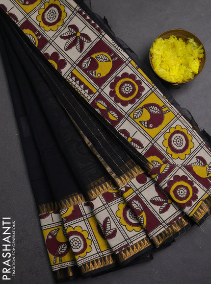 Semi mangalagiri cotton saree black and wine beige with plain body and long zari woven kalamkari printed border & blouse