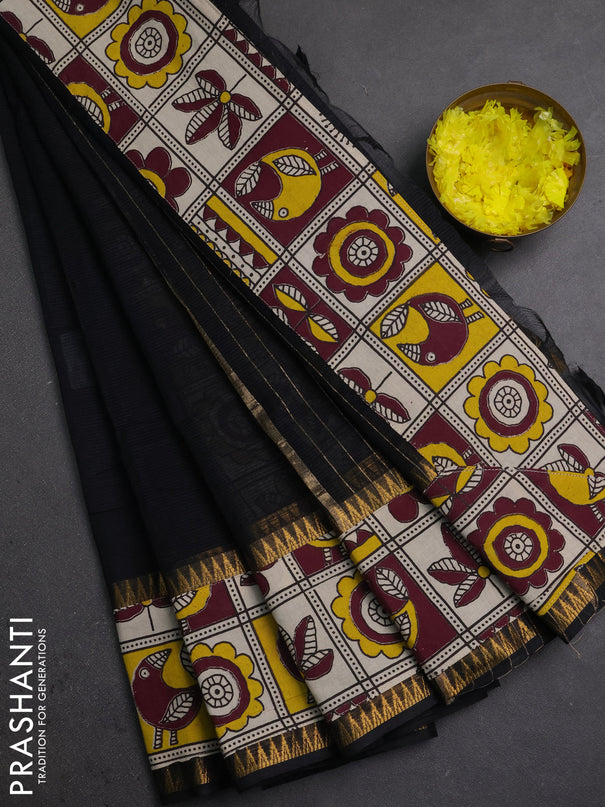 Mangalagiri cotton saree black and wine beige with plain body and long zari woven kalamkari printed border & blouse