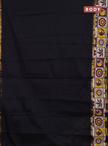 Semi mangalagiri cotton saree black and wine beige with plain body and long zari woven kalamkari printed border & blouse