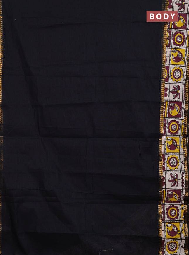 Mangalagiri cotton saree black and wine beige with plain body and long zari woven kalamkari printed border & blouse
