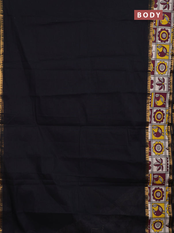 Mangalagiri cotton saree black and wine beige with plain body and long zari woven kalamkari printed border & blouse