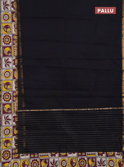 Semi mangalagiri cotton saree black and wine beige with plain body and long zari woven kalamkari printed border & blouse